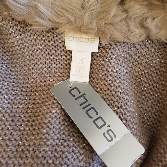 Chico's Sleeveless Open Front Taupe Sweater Vest w/ Faux Fur Collar, Size 3 (XL) - Picture 9 of 12